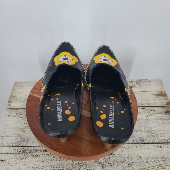 Annabelle Black Floral Mules Size 8 Boho Artisan Funky Unique Folk Art Indie - Picture 6 of 8